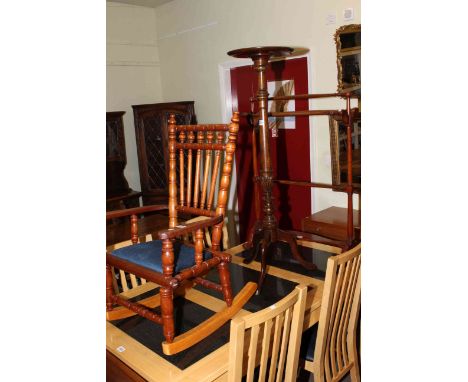 Child's rocking chair, mahogany tripod plant stand, mahogany four bar towel stand and gilt framed wall mirror (4).