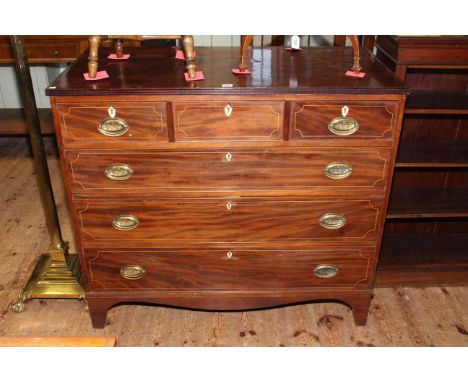 Victorian mahogany and line inlaid chest of three short above three long drawers on bracket feet, 100cm by 113cm.