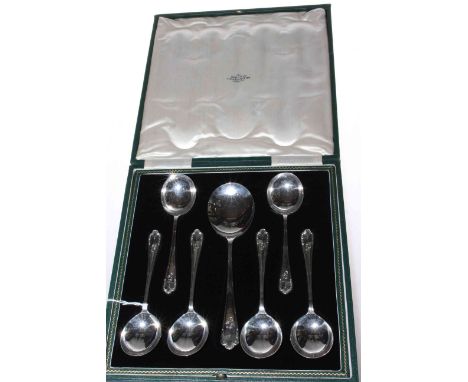 Cased set of six silver fruit spoons and serving spoon.