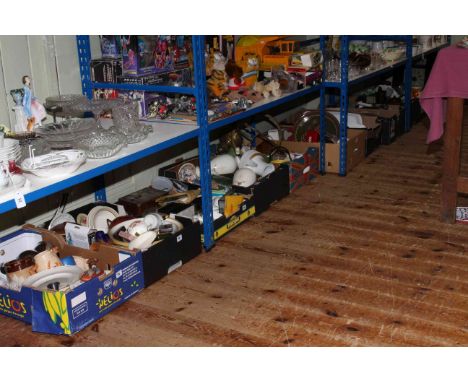 Eleven boxes of glass, china, hanging lamp, tins, wall clock, books, etc.