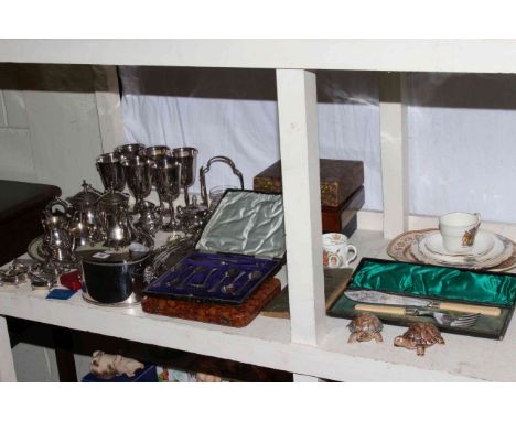 Assorted silver plate, cased cutlery, commemorative ware, Wade tortoise, coins, silver mustard and salt, stamp album, etc.