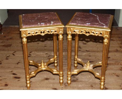 Pair gilt and marble inset top lamp tables, 74cm by 42cm.