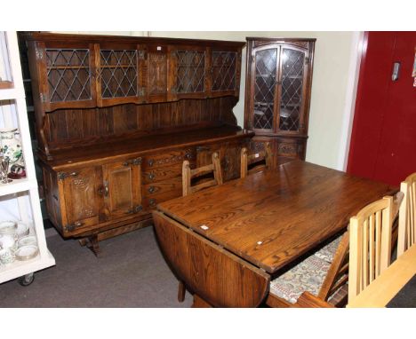 Webber Furniture oak glazed door top dresser, rectangular drop leaf dining table and four ladder back chairs together with an