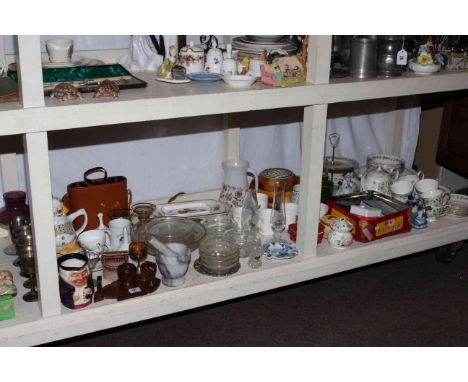 Colclough tea service, costume jewellery, binoculars, pestle and mortar, various china and glass.