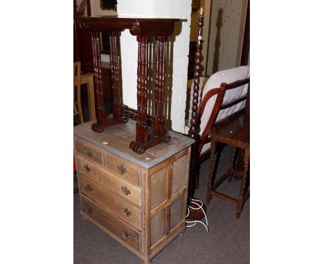 Oak five drawer chest, nest of three turned leg tables and bobbin turned standard lamp (3).