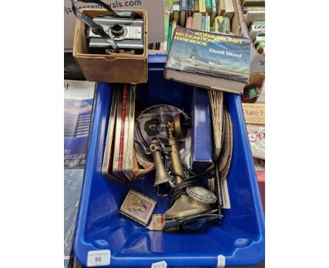 A mixed lot of collectables including vintage Coronet camera, collectors plates, brass twist dial telephone, vintage fishing 