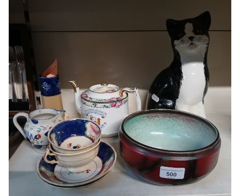 A collection of ceramics to include studio pottery bowl, Price Kensington cat, 2 Gaudy Welsh cup and saucers, Doulton Lambeth