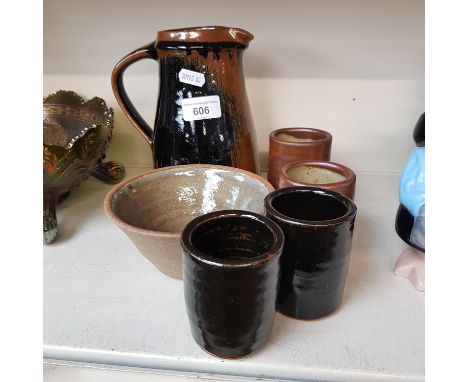 Assorted Bernard Leach St Ives pottery comprising bowl, jug and four tumblers.