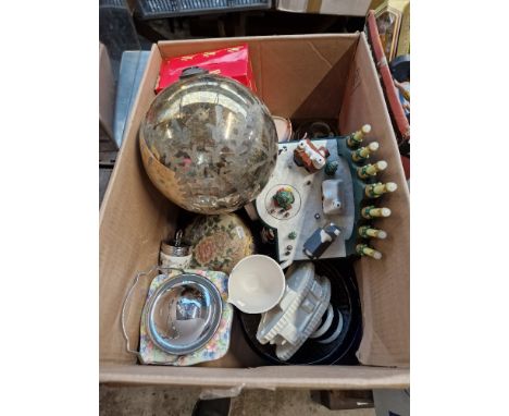 A box of mixed items to include Christmas decoration, Franz cup and saucer, crested ware including a tank and a hand grenade,