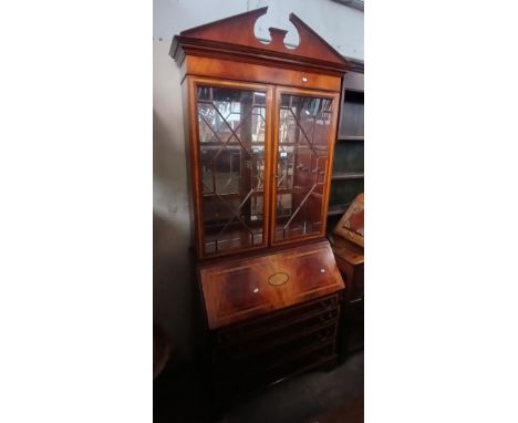 A reproduction inlaid mahogany bureau bookcase, width 91cm, depth 47cm &amp; height 221cm.