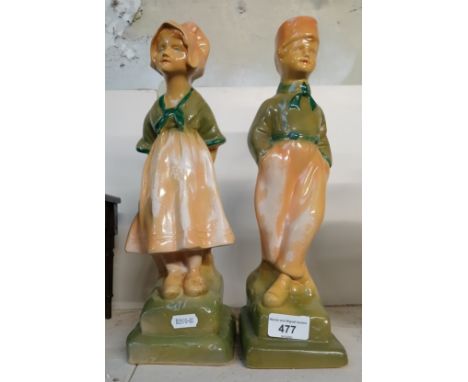 A pair of Wain &amp; Sons Melba ware figures of boy and girl in Dutch costume 