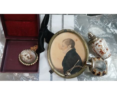 Cameo brooch, miniature portrait and two scent bottles