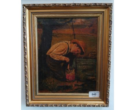 Early 20th century school, oil on canvas, young boy fishing, 21cm x 27cm, indistinctly signed, gilt frame, 30cm x 35.5cm.