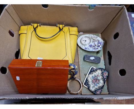 A mixed lot comprising leather handbag, jewellery/ring box, purse, glass trinket box, and a clock.