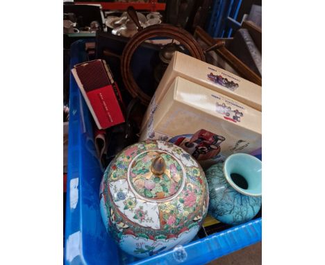 A box of assorted collectables including ginger jar, bell on ships wheel, film splicer, 2 boxed Corgi vans, picture etc