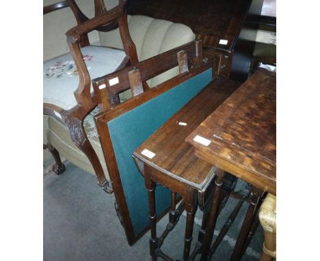 Various items of furniture; mahogany bureau, mahogany jardiniere table, mahogany and tapestry seat armchair, folding card tab