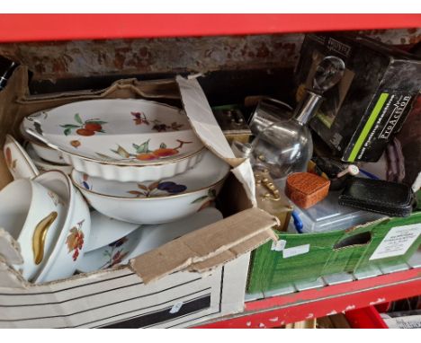 A box of Royal Worcester Arden and Evesham ceramics, together with a box of mixed items including carriage clock, decanter et