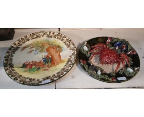 Royal Doulton platter 'Under the Greenwood' diameter 39cm appx, together with a majolica plate with crab and seashells design