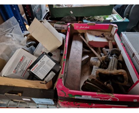 2 boxes of garage items including jack, vice, plastic pipe fittings, CH boiler fittings etc