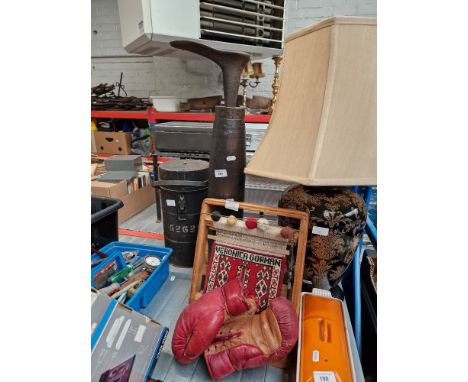 A shoe last, a military lidded container, a miniature loom with woven sampler, and a pair of vintage boxing gloves (6 ozs)