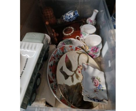 A box of assorted collectables to include various ceramics (Royal Albert cups &amp; saucers), desk clock,Russian dolls, woode