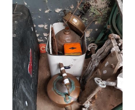 A mixed lot comprising enamelled bread bin, vintage tins, copper kettle, stove, etc.