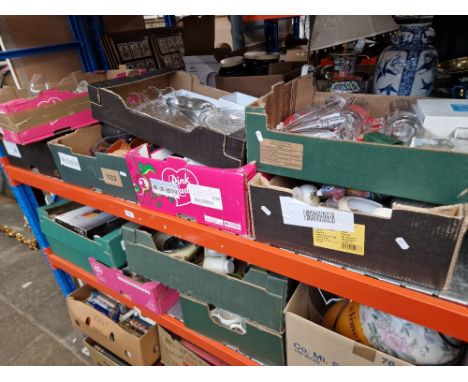 Thirteen boxes of mixed pottery and glassware, boys brigade items, table lamp, Ice buckets etc