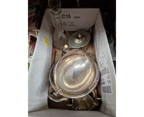 A box of mostly silver plated ware including tureen, teapot, etc.