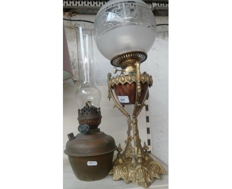 Arts and Crafts Victorian copper and brass oil lamp with glass shade and another oil lampCondition:- General wear through age