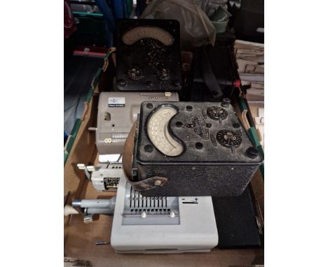 A box containing 3 assorted mechanical calculators, 3 various avometers &amp; a fixed arm planimeter.