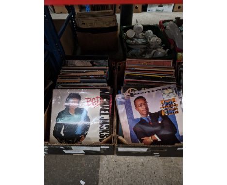 Two boxes of vinyl LP records including box sets, Michael Jackson 'Bad', MC Hammer, Elvis 'Greatest Hits', Fleetwood Mac, Spa