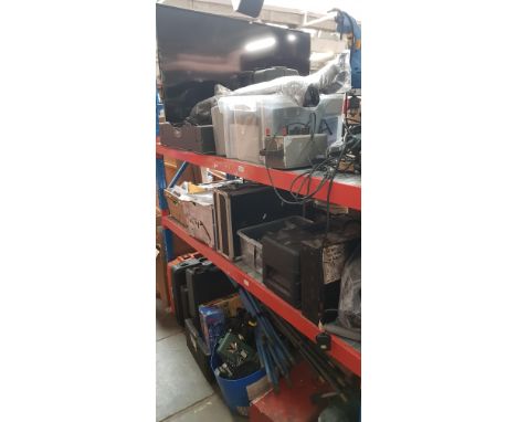 Three shelves of power tools and garage ware  etc including chop saw, roof bars, drain rods, compressor, spray guns etc