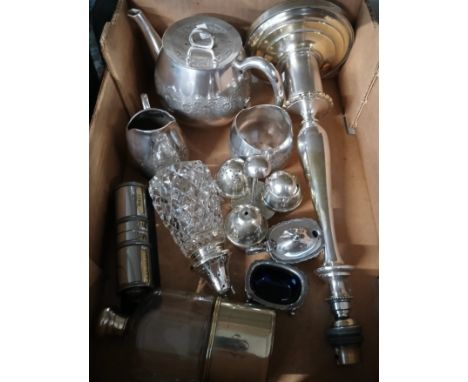 A box of silver pated items including Dresser style cruet, lamp, tea set, hip flask etc