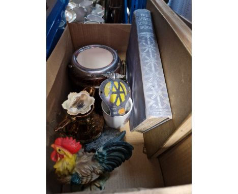 A mixed lot comprising three car badges, oak and ceramic biscuit barrel, commemorative books, etc.