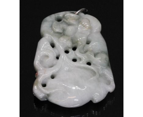 A Chinese icy jadeite jade pendant, carved with a flower, length 54mm, weight43.3g.