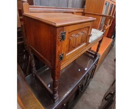 An Old Charm oak telephone seat together with a pine wall hanging shelving unit/cabinet.