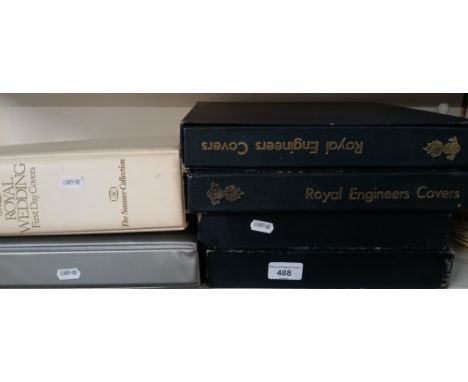 A box of assorted first day cover albums to include Royal Wedding, 25th coronation anniversary &amp; Royal Engineers etc.