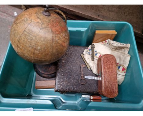 A box of assorted collectables to include penknives, brush set, artist stencils & paints, small vintage globe, travelling for