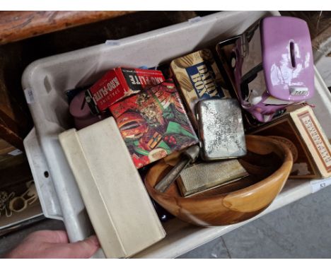 A box containing vintage tins, money boxes, etc.