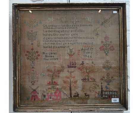 A 19th century sampler, dated 1844, framed and glazed, 58cm x 55.5cm