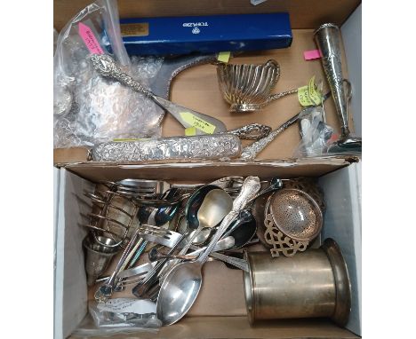 A mixed lot of hallmarked silver items including golfing letter opener, sugar nips, candlestick, brush, mirror, etc.