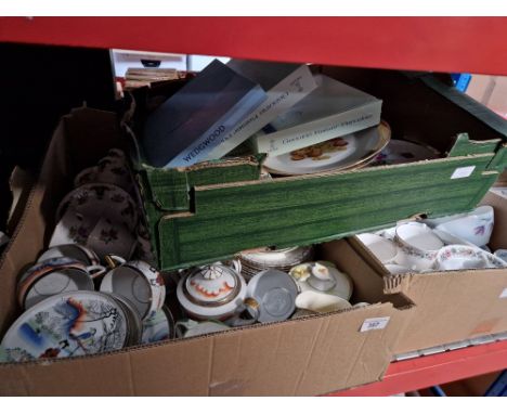 Three boxes of assorted tea ware including oriental tea set, Paragon, Graff porcelain, Royal Doulton, etc and collectors plat