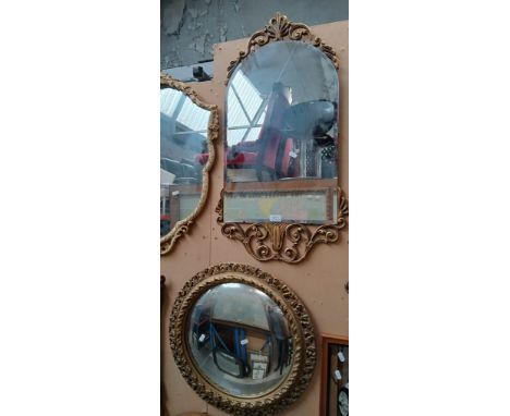 Three vintage gilt framed wall mirrors. Dimensions- 54cm x 71cm, 45cm x 83cm and 53cm (diameter).