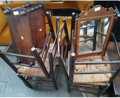 A set of four rush seated chair together with a toilet mirror and a shelf. 