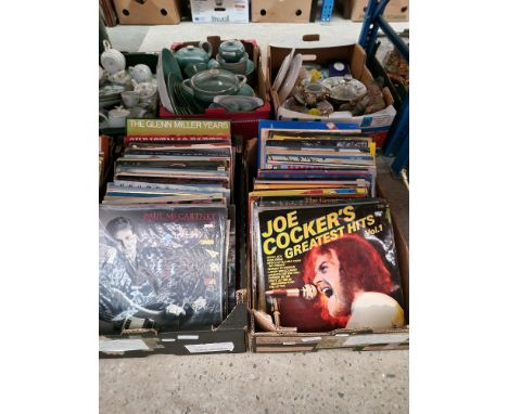 Two boxes of vinyl LP records including Paul McArtney 'All the best', Charlie Pride, Rod Stewart 'Footloose and fancy free', 