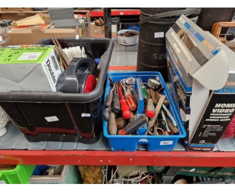 Two boxes of various tools and garage ware. 