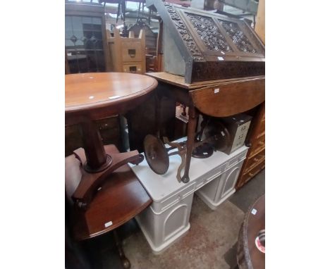Assorted furniture comprising a Victorian white painted pedestal dressing table, an oak gate leg table, a carved oak corner c
