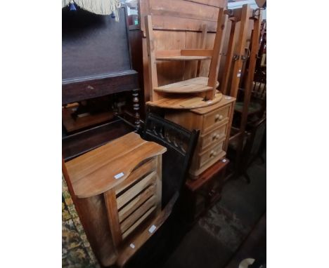 Various items of furniture comprising a hat and coat stand, a pine chest of three drawers, a rocking chair, a magazine rack, 