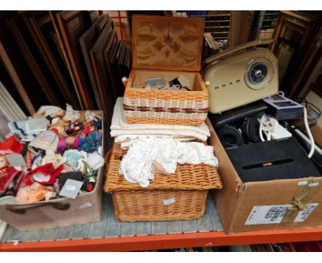 A mixed lot  including electricals - Bush radio, tape deck, dvd   player, picnic hamper, haberdashery, and a box of dolls