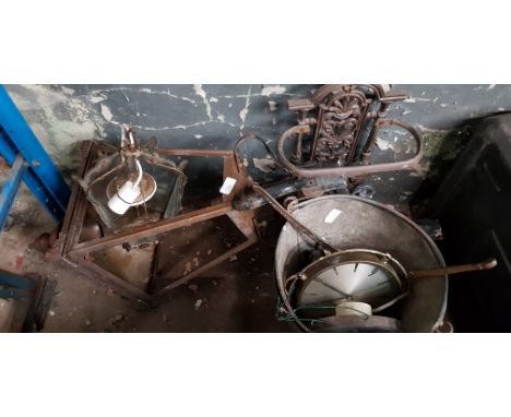 2 galvanised buckets containing clocks, outdoor lantern, ceiling light fitting, cast metal umbrella stand etc